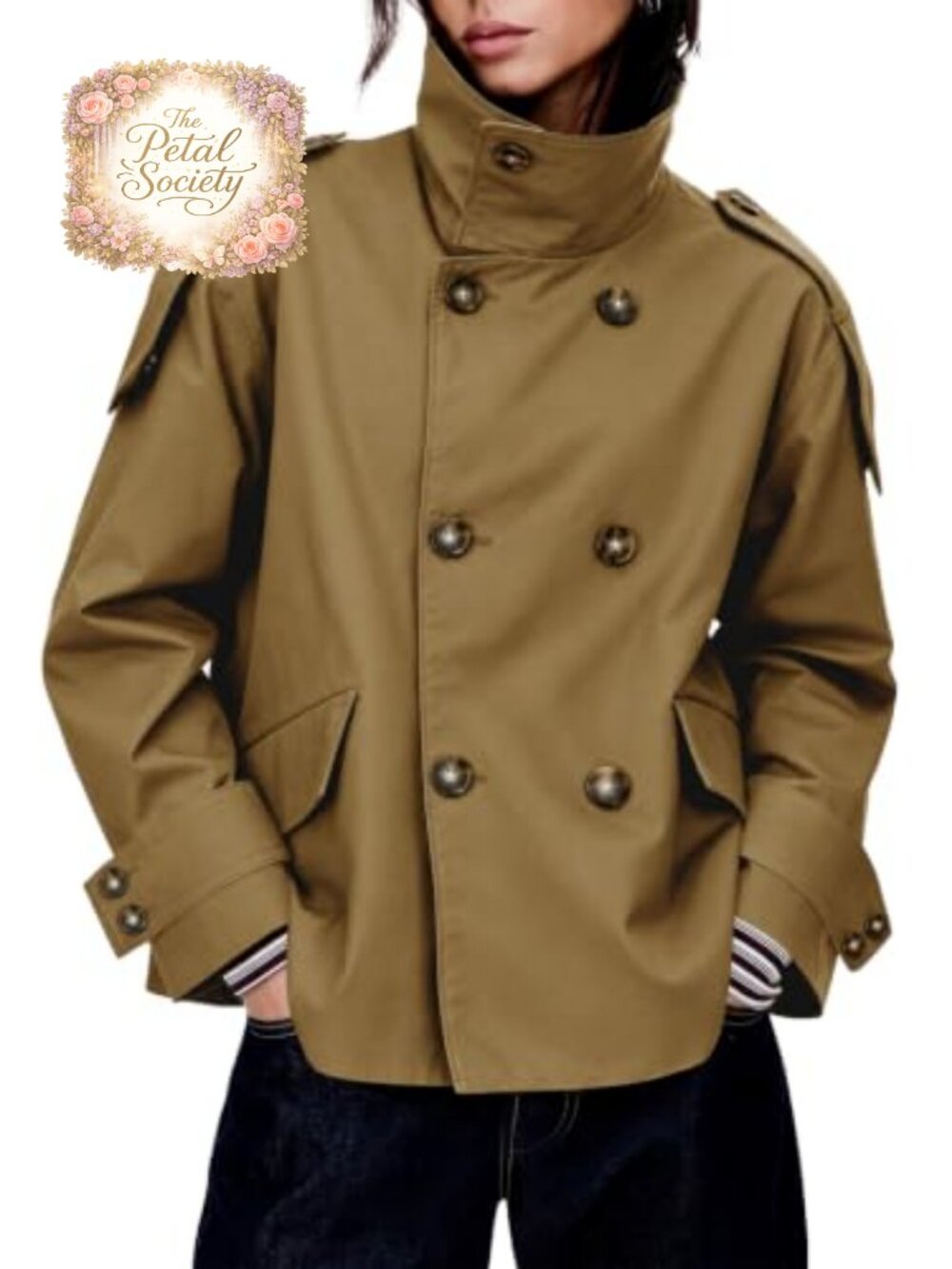 Cropped Trench Coat Oversized Double Breasted Windproof Casual Jacket